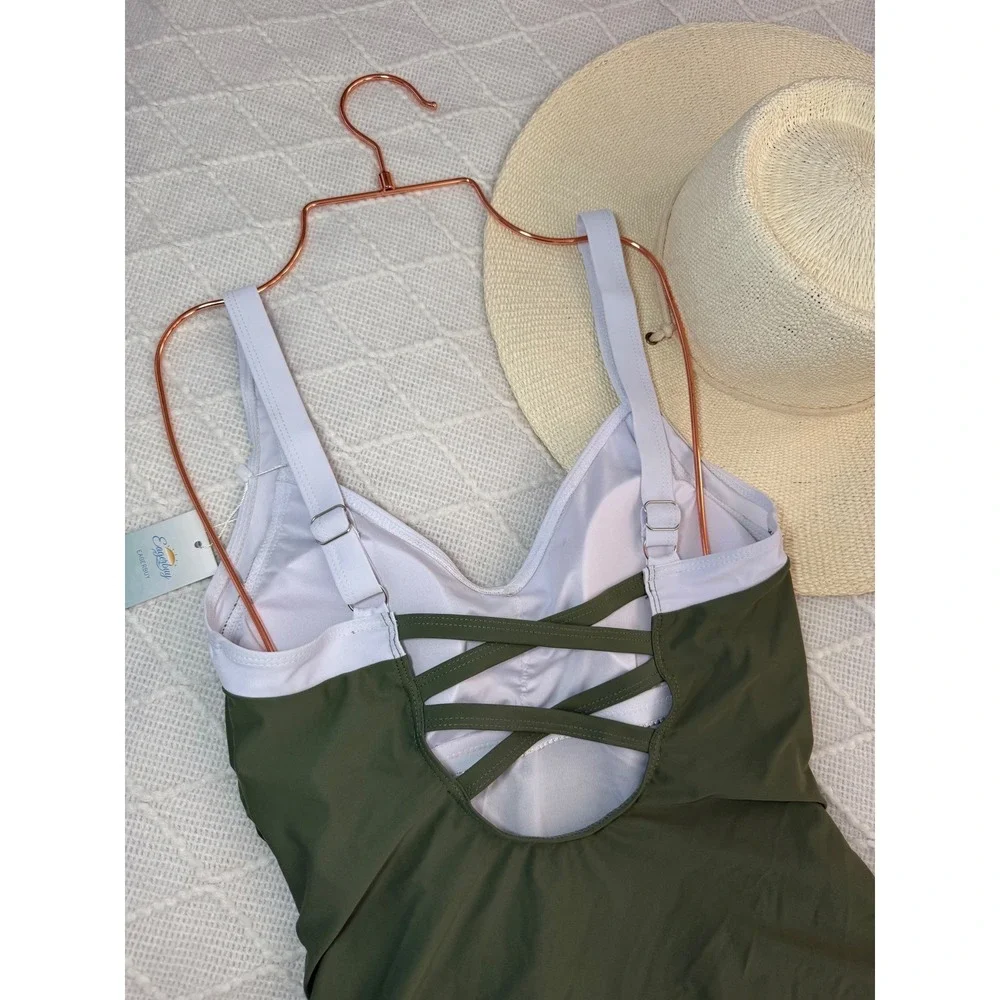 Eagerbuy Ruched One Piece Swimsuit‎ Criss Cross Back V Neck Bathing Suit Olive